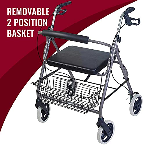 DMI Rollator Walker with Extra Wide Seat and Backrest, FSA HSA Eligible, Adjustable Handle Height, Removable Storage Basket, Burgundy