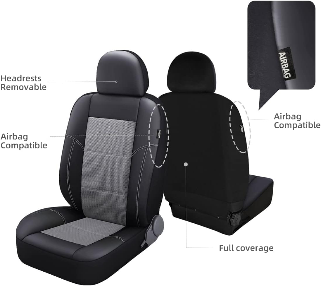 TOYOUN Universal Front Car Seat Covers Pu Leather Mesh Splicing, Breathable Auto Seat Covers for Front Seats 2pcs Gray Black Low Bucket Seat Covers Airbag Compatible for Cars SUV Van Trucks