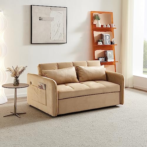 4 55" Full Size Pull Out Couch-3 in 1 Covertible Sleeper, Velvet Comfy Loveseat Sofa with Pullout Bed, USB Port& Adjustable Backrest for Living Room, Apartment, Pink