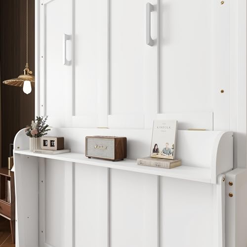 Queen Size Murphy Bed Wall Bed with 2 Side Cabinet Storage Shelf & Desk Combo,68-inch Vertical Wall Bedframe w/Can Be Folded for Bedroom Guest Room Small Space, White