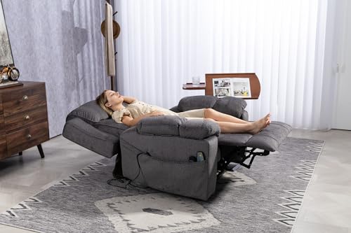 Light Grey Recliner Chair for Elderly | Tall and Big Man 400lbs | Chenille | Power Lift, Lay Flat, Stand Up, Wireless Charging Device, Extended Footrest, Massage Heat, Cup Holder, Lumbar Pillow
