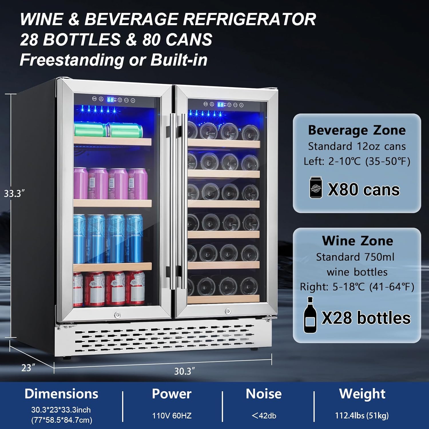 Wine and Beverage Refrigerator - 28 Bottles and 80 Cans, Dual Zone, Glass Door, Adjustable Shelves, with Lock, Digital Temperature Control, Freestanding/Built-in
