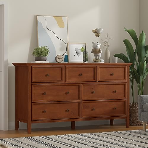 IKENO White 7 Drawer Dresser for Bedroom, Modern Solid Wood Large Storage Cabinet, Simple White Chest of Drawer for Bedroom Living Room Hallway Entryway (White)