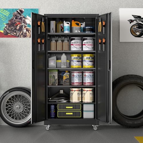 Aobabo 73''H Metal Garage Storage Cabinet with Wheels and Pegboards, 4 Adjustable Shelves Steel Storage Cabinets for Home,Warehouse,Garage,Assembly Required,White