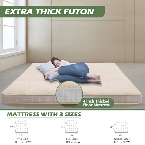 Japanese Floor Mattress Futon Mattress, Foldable Mattress Topper Thicken Tatami Mat Roll Up Mattress, Folding Sleeping Pad Breathable Floor Lounger Guest Bed for Camping Couch, Twin Full Queen