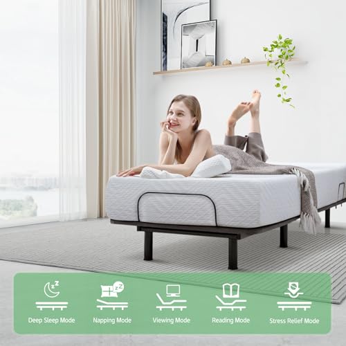 MUUEGM Adjustable Bed Base Queen,Motorized Head and Foot Incline,Upholstered Bed Frame,Wireless Remote Control,Anti-Snore,USB Ports,Memory Pre-Sets,Zero Gravity,3 Modes Massage,LED Under-Bed