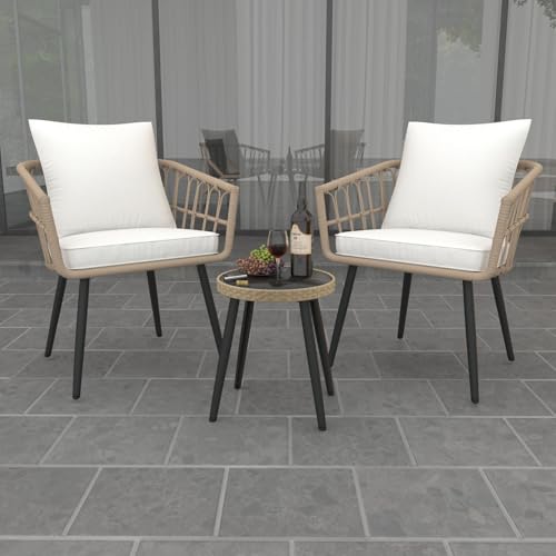 3-Piece Patio Bistro Set, PE Wicker Balcony Conversation Sets,Outdoor Furniture Chairs w Round Tempered Glass Table & 2 Thick White Cushions Ideal for Porch Backyard Lawn Poolside (Beige)