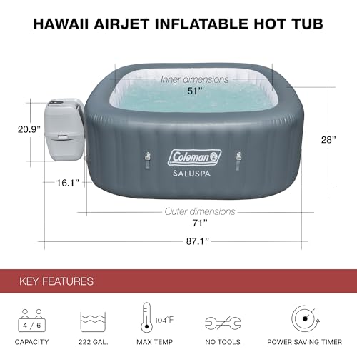 Coleman SaluSpa AirJet 4 to 6 Person Inflatable Hot Tub Square Portable Outdoor Spa with 140 Soothing AirJets and Insulated Cover, Gray
