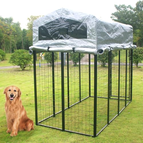 Outdoor Dog Kennel with roof, Large Dog Run Enclosure,Heavy Duty and Higher Outside Dog House with Anti-Rust Sidebar, Waterproof UV-Resistant Cover and Secure Lock (90" L x 90" W x 73" H)