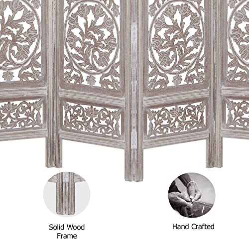 Room Divider Wood Screen - Ghanti Bells Antique Brown - 4 Panel Folding 72 x 80 - Assembled Hand Carved Decorative Functional Versatile Portable Partition Reversible Privacy Boho - COTTON CRAFT