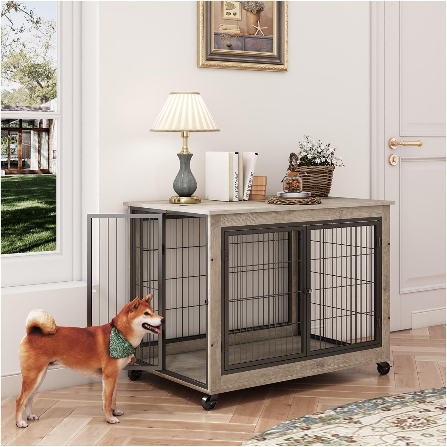 Dog Crate Furniture: Furniture Style Dog Crate Side Table on Wheels with Double Doors and Lift Top Dog Kennel Indoor for Small/Medium/Large Dog End Table Grey