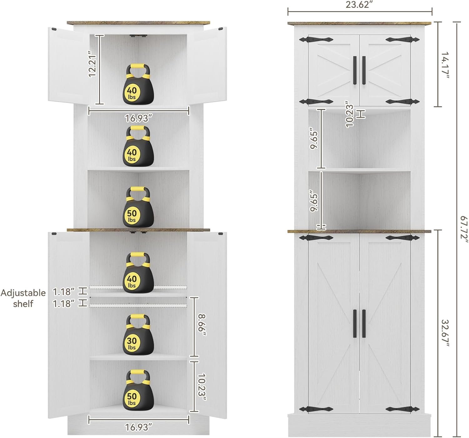 ELECWISH Tall Corner Cabinet, 68" Farmhouse Bathroom Storage Cabinet, 5-Tier Kitchen Pantry Corner Cabinet with 4 Barn Doors & Adjustable Shelves,Home Space Saver, White