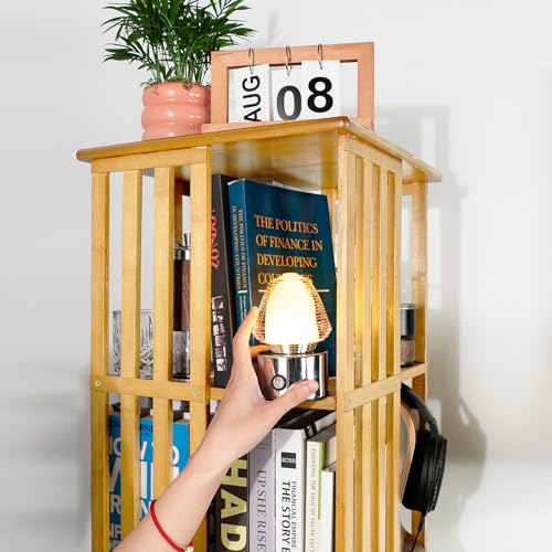 Rotating Bookshelf Tower, 360 Display Spinning Bookcase, Bamboo Bookshelf Floor Standing Storage Rack, Wood Narrow Book Shelf Organizer for Kids&Adults, Walnut 6 Tier