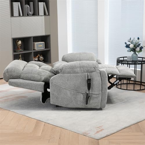 Light Grey Recliner Chair for Elderly | Tall and Big Man 400lbs | Chenille | Power Lift, Lay Flat, Stand Up, Wireless Charging Device, Extended Footrest, Massage Heat, Cup Holder, Lumbar Pillow
