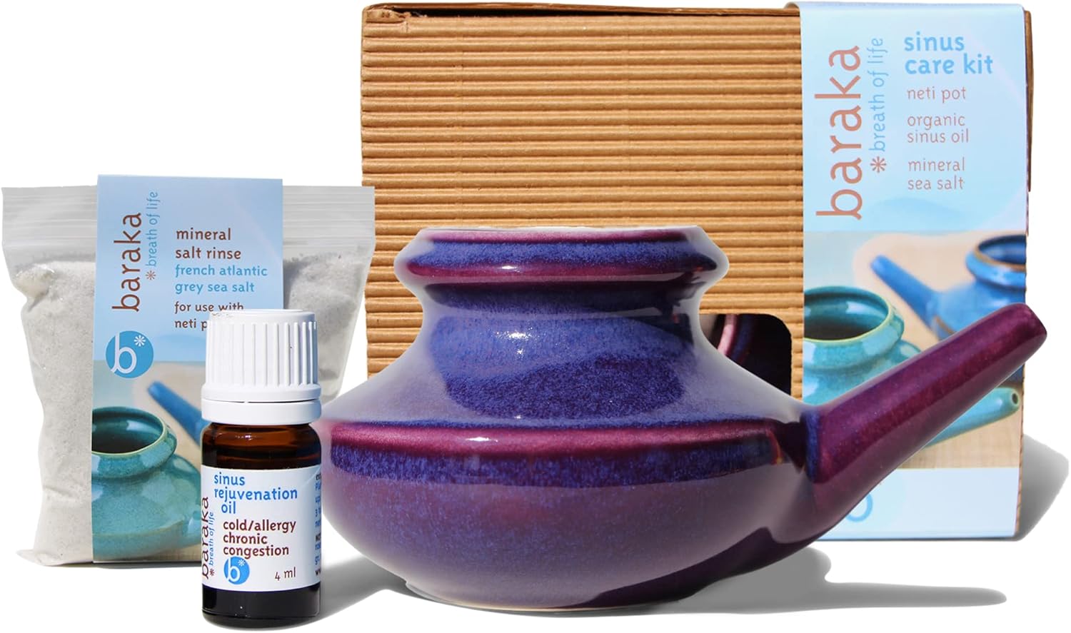 Baraka Complete Sinus Care Tool Kit for Home - Neti Pot (Blue), 5 ml Essential Oil, 2 oz Mineral Salt Rinse Pack of 2