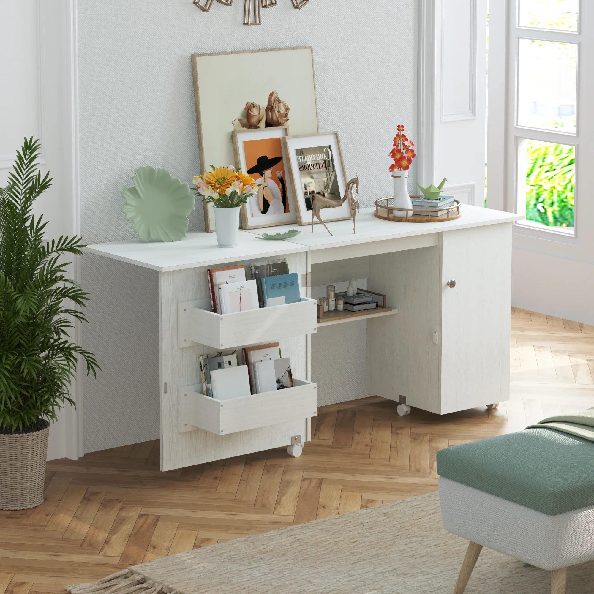 Homfa Folding Sewing Machine Table with Cabinet, 63 Inch Multipurpose Large Sewing Craft Cart with Storage Shelves, Sewing Desk with Lockable Casters, Sturdy and Durable, White