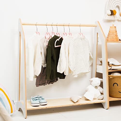 Montessori Clothing Rack for Toddler Furniture Wooden Wardrobe Shelf Clothes Kids Birthday Gift Dress up Wood Display Baby Storage Child Size Children Girl Boy Room Decor (Dark Walnut)