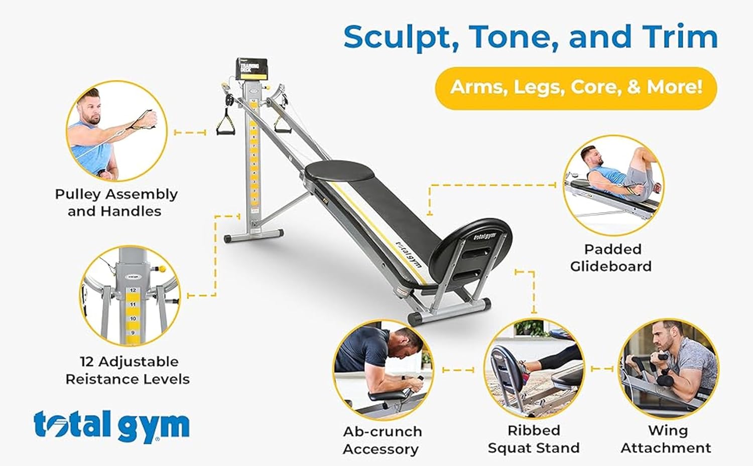 Total Gym FIT Full Body Training Folding Home Gym Machine, 12 Resistance Levels, 85 Exercises, w/ AbCrunch Accessory, Training Deck, and Squat Stand