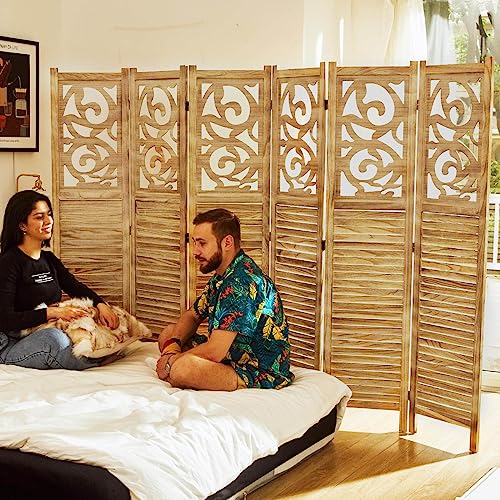 Room Divider Wood Carved Wall Divider Indoor Folding Portable Partition Screen for Home Office Garden Terrace - 6 Panel, 67 * 90inch (Dark Brown)