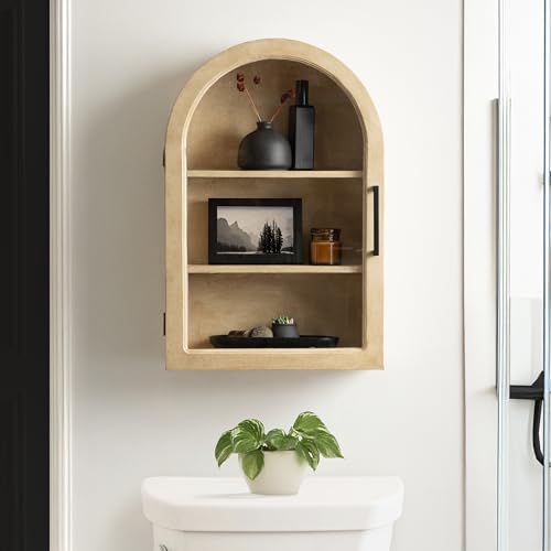 Kate and Laurel Arcott Modern Arch Wall Cabinet, 21 x 8 x 30, Natural Wood and White, Transitional Arched Cabinet for Use as Over-The-Toilet Storage or Living Room Storage Cabinet