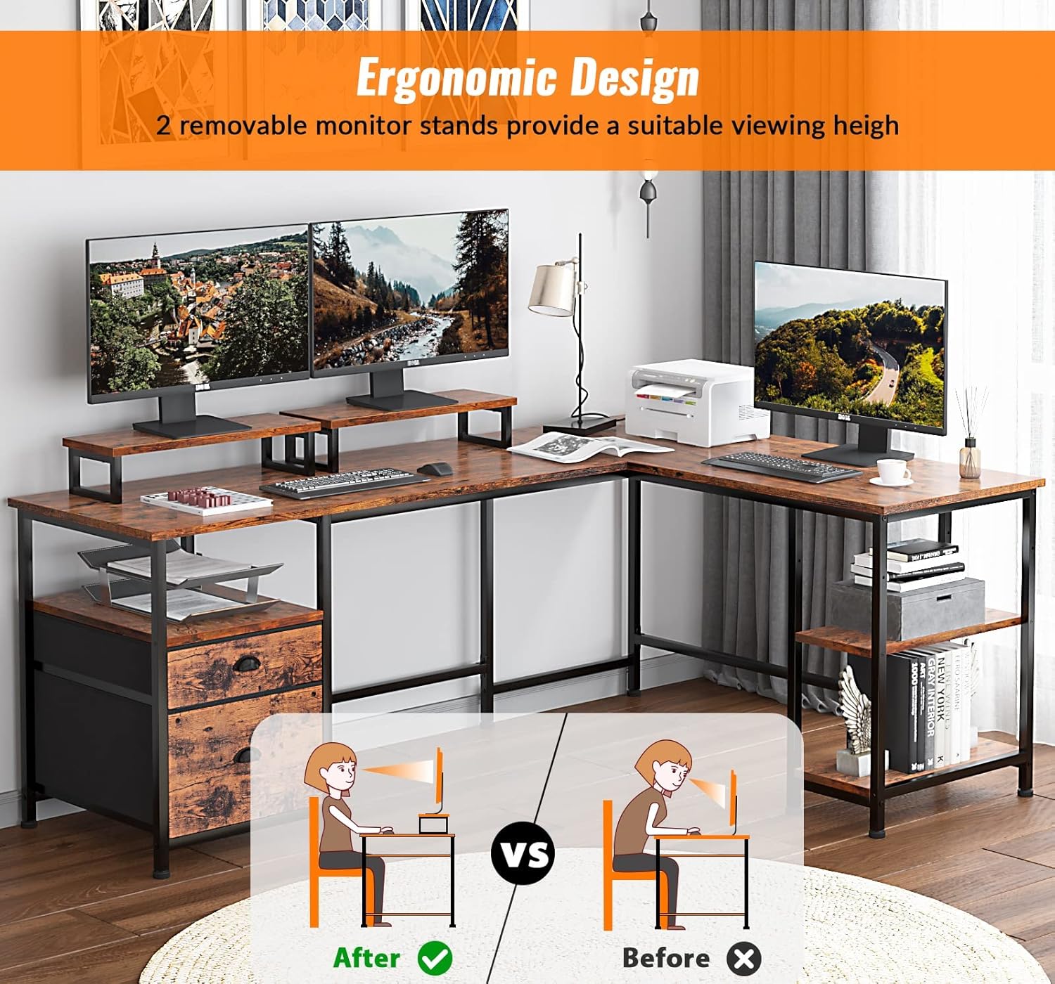 Furologee 66" L Shaped Computer Desk and Nightstand, Corner Gaming Desk with File Drawer and Dual Monitor Stand, End Table with Charging Station and Drawers, for Home/Office