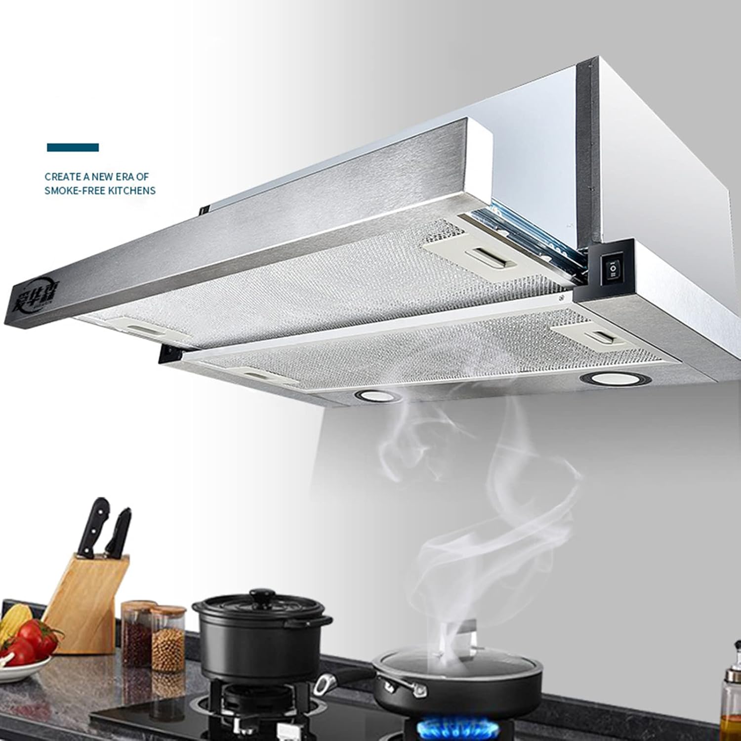Kitchen Cooker Hood, Stainless Steel Extractor Hood, 600mm Built-in Extractor Fan with LED Light, Top Vented Range Hood, Hidden Pull-out Range Hood
