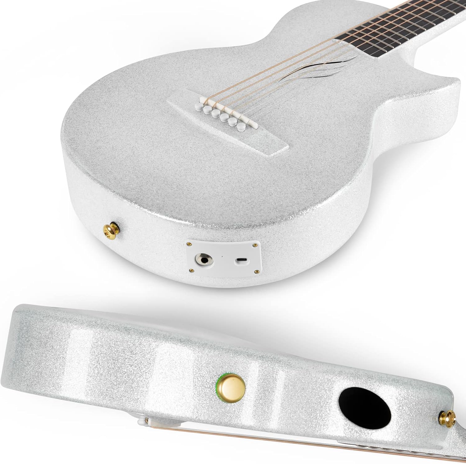 Enya NOVA Go SP1 Carbon Fiber Acoustic Electric Guitar with Smart AcousticPlus 35 Inch Travel Acustica Guitarra Starter Bundle Kit of Gig Bag, Strap, Strings, Instrument Cable(Sparkling Silver)