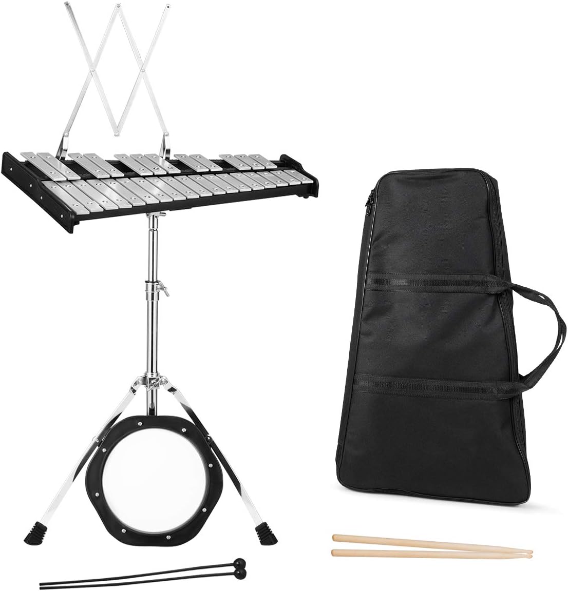 Giantex Percussion Glockenspiel Bell Kit 30 Notes, with Electroplated Adjustable Height Frame, Music Stand, an 8 Practice Pad, and a Pair of Bell Mallets & Wooden Drumsticks, Carrying Bag