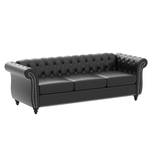 Chesterfield Sofa Leather, 84" Upholstered Tufted Couch 3 Seater with Rolled Arms and Nailhead for Living Room, Bedroom (Dark Brown)