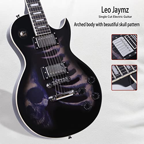 Leo Jaymz 24.75" Single Cut Curved Top Electric Guitar - with Cool Skull Graphic Design on Top (Skull)