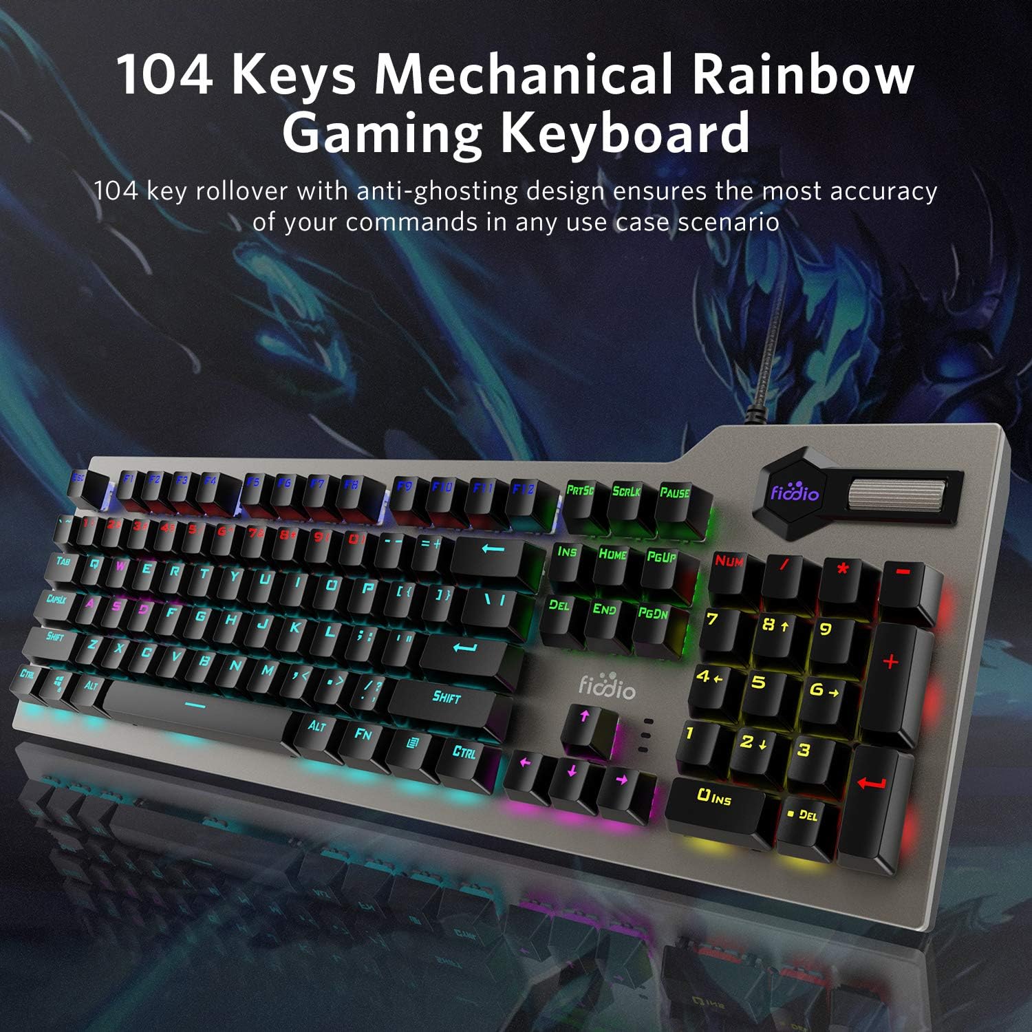 Fiodio Mechanical Gaming Keyboard, Wired RGB Rainbow Backlit Keyboard with Blue Switches, Ergonomic Standard Keyboard for Desktop, Computer, PC Pack of 2