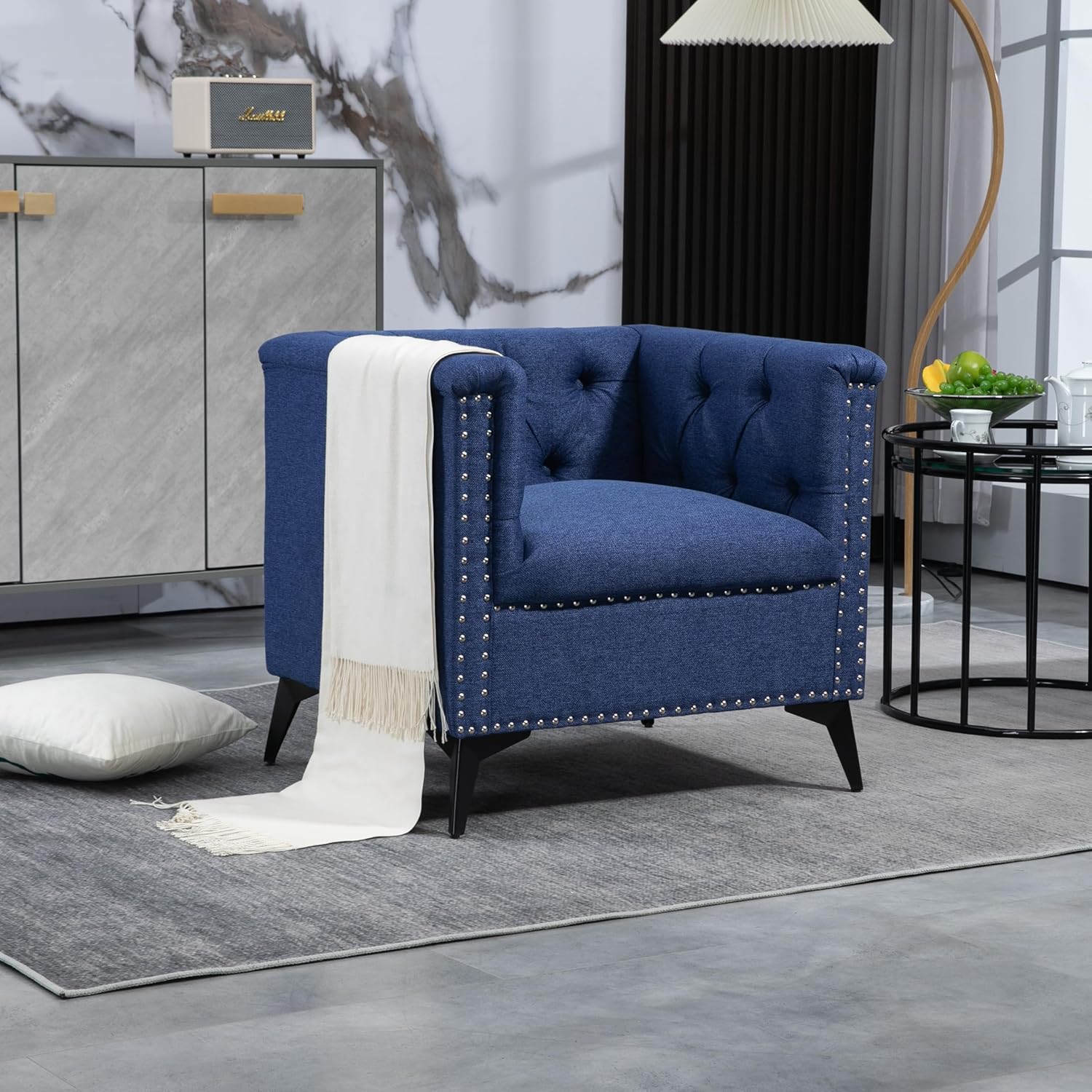 Accent Chair Living Room Chairs Single Sofa Chair,Arm Chairs with Linen Fabric, Mid Century Accent Arm Chairs Comfy Reading Lounge Club Armchair for Bedroom Office Study (Blue)