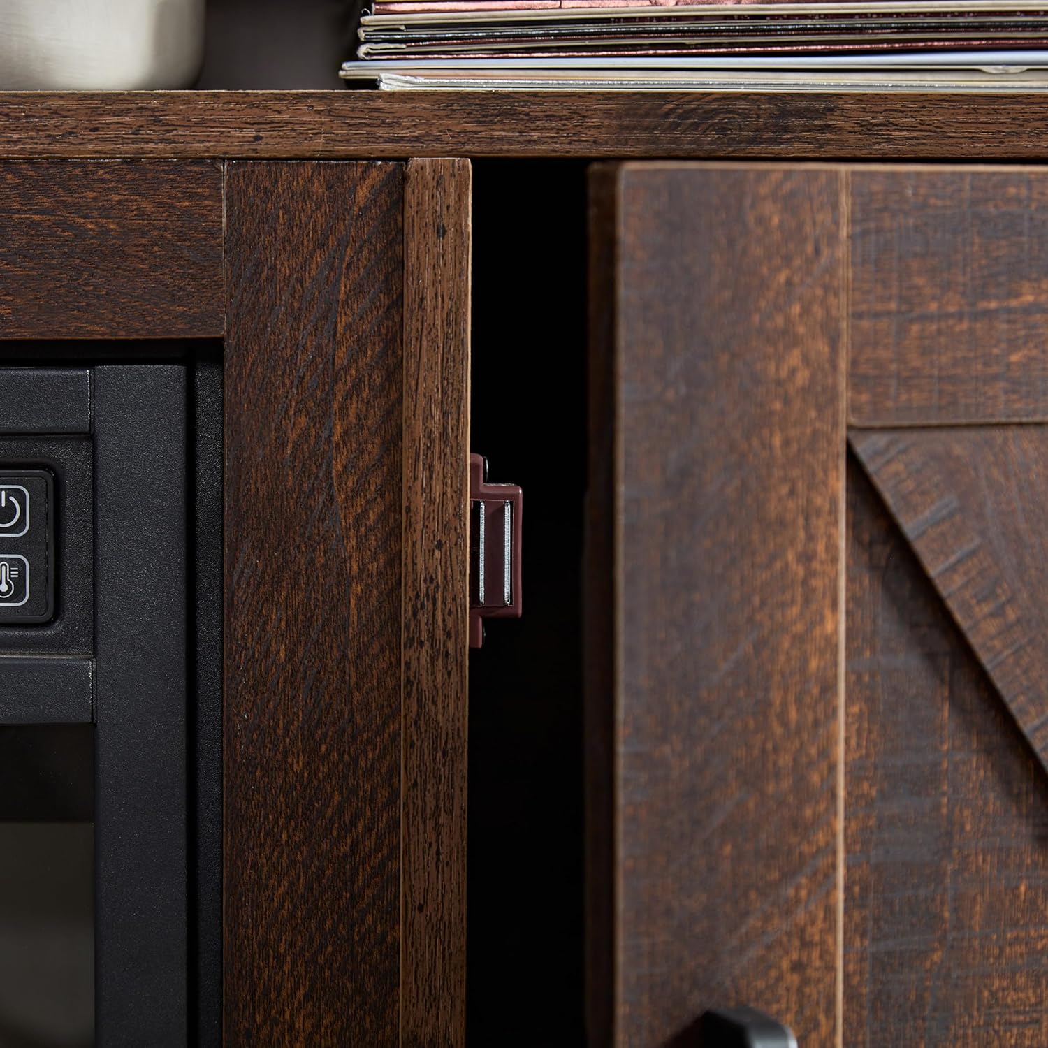 CHARMMA Farmhouse TV Media Stand, Large Barn Inspired Home Entertainment Console, with 18" Fireplace Insert, for TV Up to 65", with Open Shelves and Closed Cabinets, Espresso 57.87 * 15.75 * 30.31