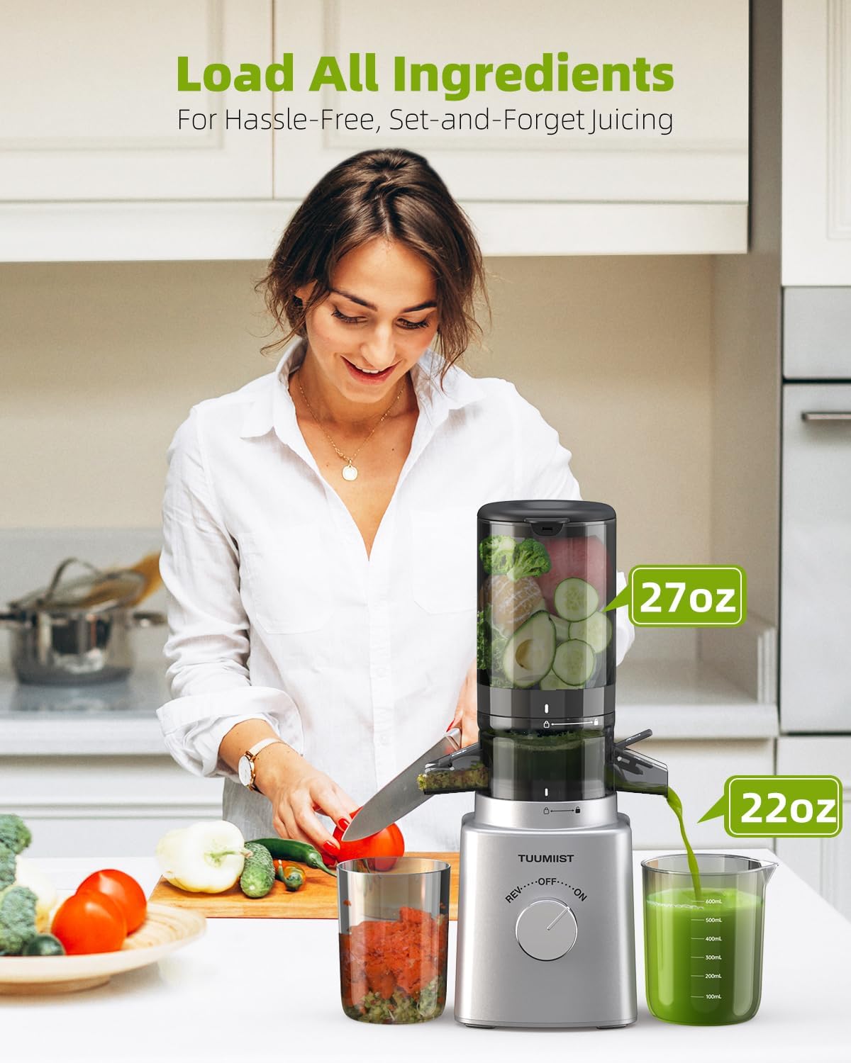 Juicer Machines, TUUMIIST Cold Press Juicer with 4.25'' Large Feed Chute Fit Whole Vegetable And Fruit, Masticating Juicer Easy To Clean, BPA Free(Silvery)