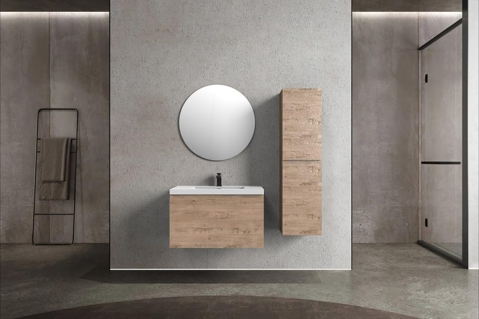 Castle White Oak Bathroom Floating Vanity with Countertop and Sink (72"" W), Yellowish