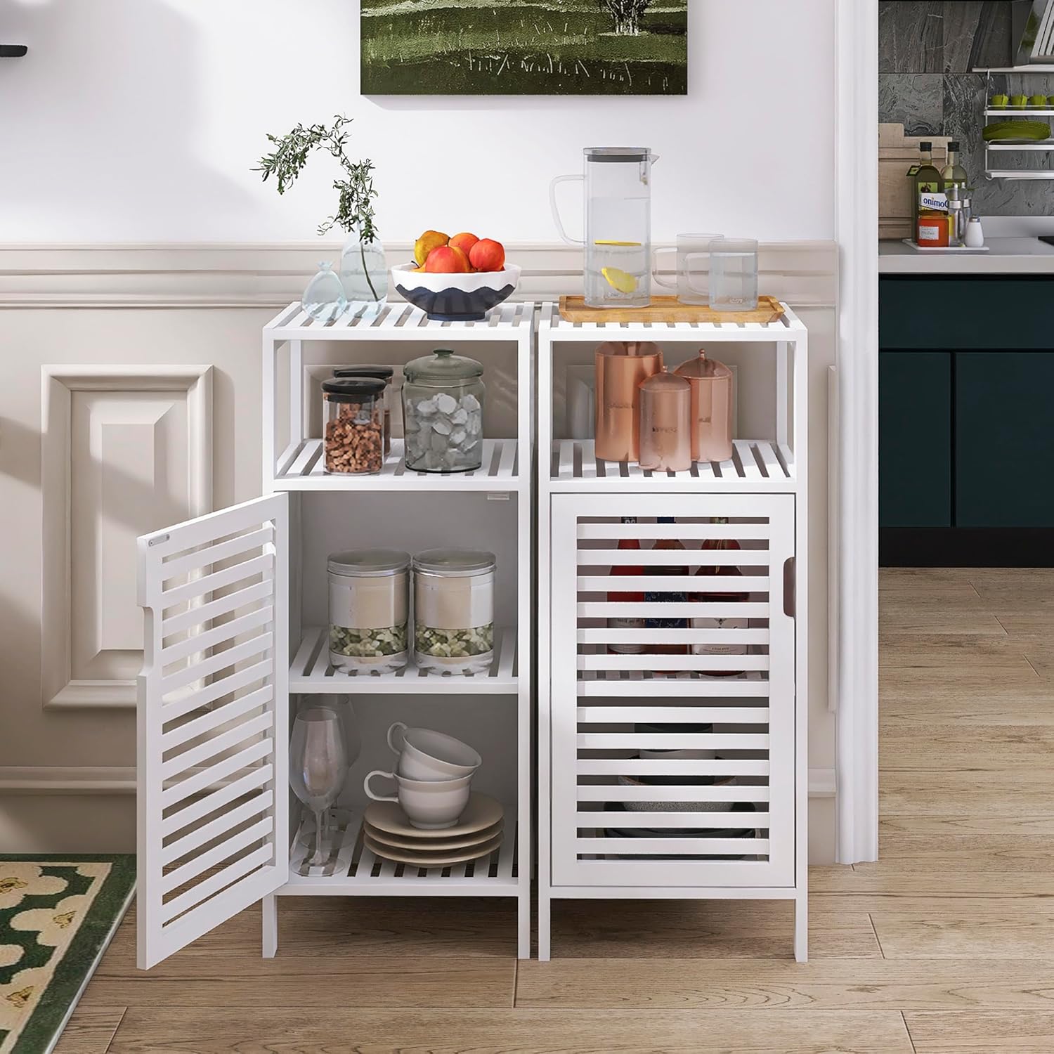 Bamboo Bookshelf Wall Cabinet Small Floor Cabinet Freestanding, Bathroom Storage Organizere with Adjustable Shelves and 4 Hanging Hooks, White