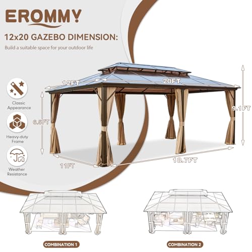 EROMMY 10' x 12' Hardtop Gazebo, Aluminum Frame Gazebos with Galvanized Steel Double Roof, Permanent Outdoor Metal Pavilion with Curtain and Netting for Patio, Lawn, Deck