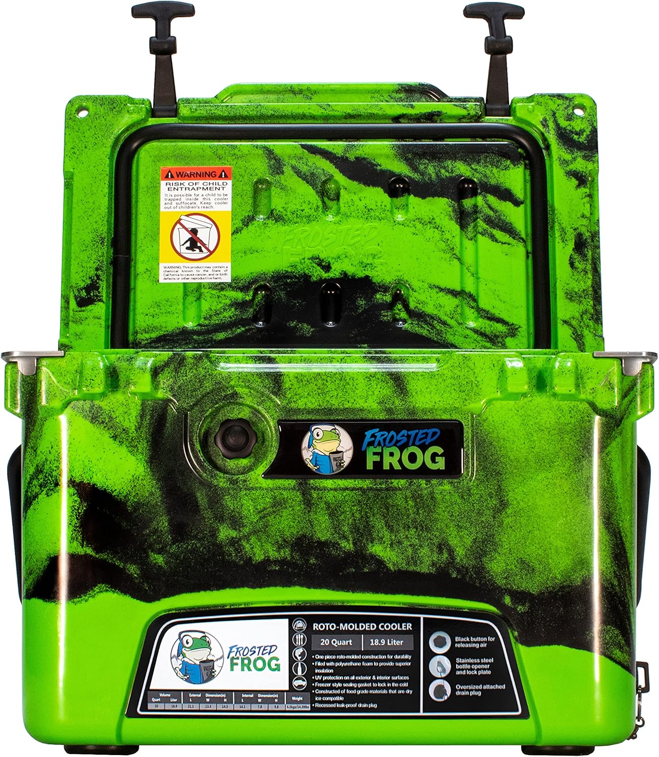Frosted Frog Original Green and Black Camo 20 Quart Ice Chest Heavy Duty High Performance Roto-Molded Commercial Grade Insulated Cooler