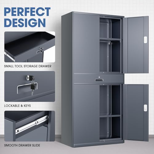 DNA MOTORING 71'' Metal Storage Cabinet, Locking Tool Cabinet with 1 Drawer and Adjustable Shelves, Lockable Heavy Duty Metal Locker for Garage,Office,Home,Gym, Gray, TOOLS-00629-GY-GY-A