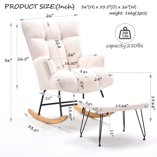 Rocking Chair Nursery, Teddy Upholstered Glider Rocker with High Backrest, Reading Chair Modern Rocking Accent Chairs,Glider Chair with Ottoman for Bedroom, Nursing, Living Room(White)