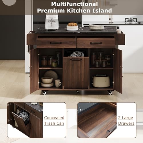 60" Kitchen Island with Drop Leaf and Power Outlet, Rolling Kitchen Cart on Wheels with Trash Can Storage Cabinet, Spice Rack, Towel Rack and Adjustable Shelf for Dining Room