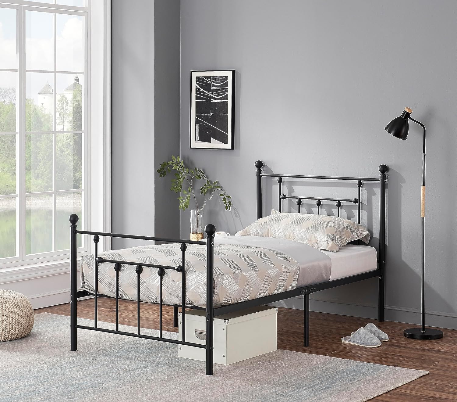 VECELO Twin Size Metal Platform Bed Frame with Headboard and Footboard, Heavy Duty Slat Support/No Box Spring Needed Mattress Foundation/Underbed Storage Space, Victorian Style