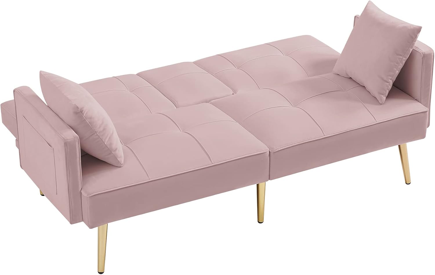 WILLIAMSPACE 69" Velvet Modern Convertible Love Seat, Futon Loveseat Sleeper Sofa Bed with 2 Cup Holders, Metal Legs for Small Living Room, Apartments - Pink