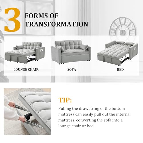 3 in 1 Convertible Sleeper Sofa Bed, Multi-Functional Velvet Sleeper Couch Pull-Out Bed, Loveseat Chaise Lounge with Adjustable Backrest, Two Seat Sofa for Living Room, Small Space, Gray