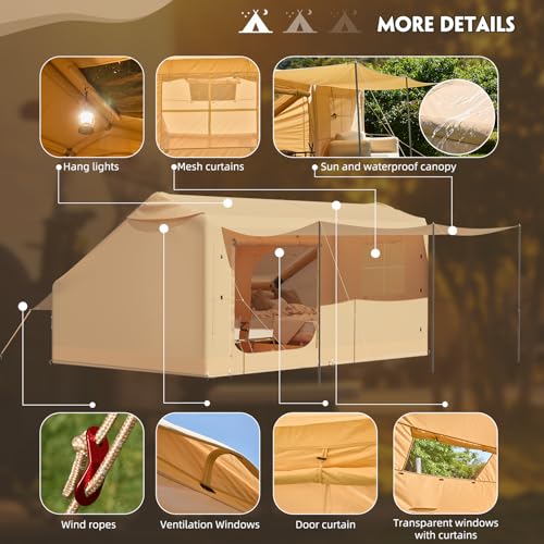 YOLENY Inflatable Tents for Camping, 4/6/8/10/12 Person Tent with TPU Skylight, Mesh Windows, Stove Jack & Pump, Easy Setup 4 Season Glamping Tent, Waterproof & Windproof