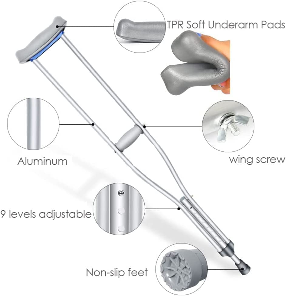 Adult Armpit Crutches Adjustable Height Built-in Spring Shock-Absorbing Adult Stainless Steel Crutches Comfortable Crutches