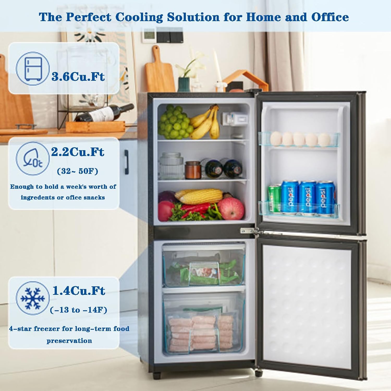 Compact Mini Fridge with Freezer 4.0 Cu.Ft Dual Zone Small Refrigerator 7 Level Adjustable Mechanical Thermostat Removable Glass Shelves LED Lighting for Bedroom, Kitchen, Dorm, Apartment, Bar, Office