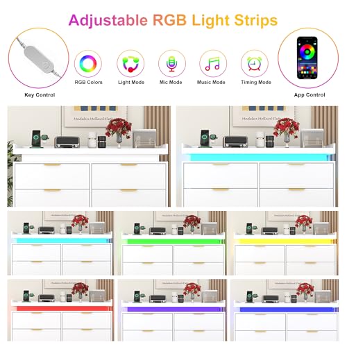 White Dresser with LED Lights, Wooden LED Dresser, 4 Drawer Chest with Charging Station, Tall Chest of Drawer Closet Organizer for Bedroom, Living Room, Entryway, Hallway