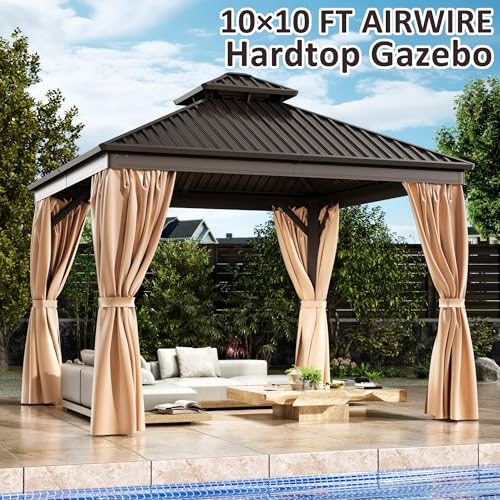 10x12 FT Hardtop Gazebo with Nettings and Curtains, Heavy Duty Gazebo with Galvanized Steel Double Roof, Permanent Outdoor Metal Pavilion for Patio, Deck, Lawn and Garden