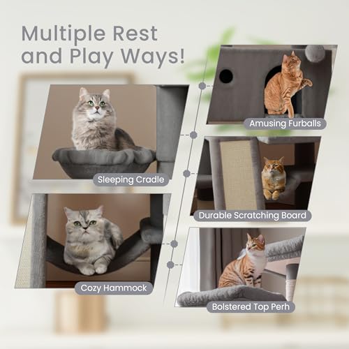 SHA CERLIN 65in Larger Cat Tree Tower Condo for Indoor Cats, Multi-Level Furniture Activity Center with Wide Base/Cozy Plush Cat Perches/Baskets/Sisal Scratching Posts and Hammock/Grey